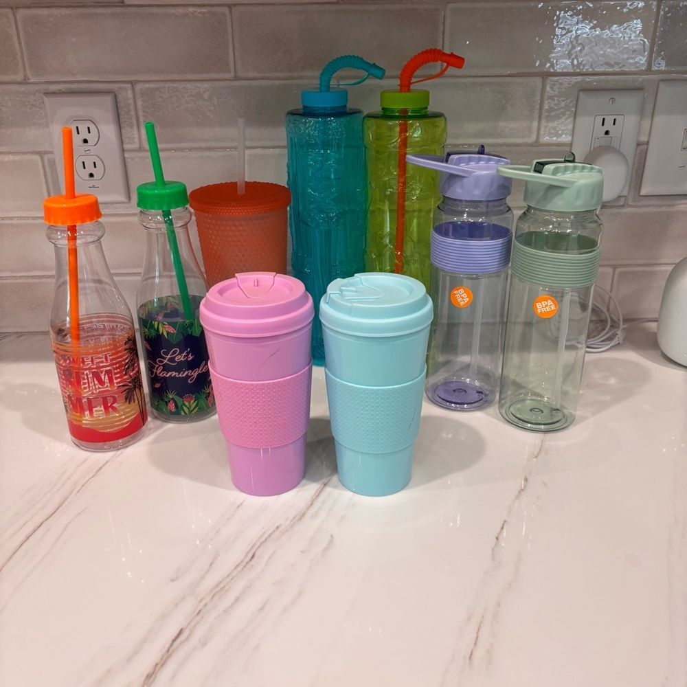 Set of 9 Colorful Reusable Tumbler Water Bottle Drink Straw